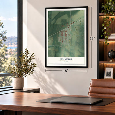 Jennings, Kansas map, 18 x 24 inch print in a black frame in a home office