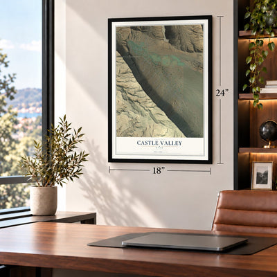 Castle Valley, Utah map, 18 x 24 inch print in a black frame in a home office