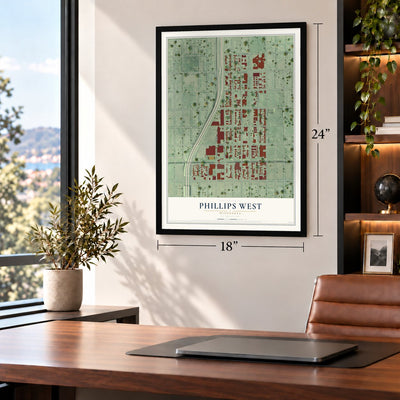Phillips West, Minnesota map, 18 x 24 inch print in a black frame in a home office
