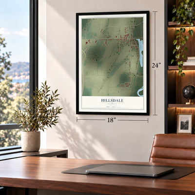 Hillsdale, Illinois map, 18 x 24 inch print in a black frame in a home office
