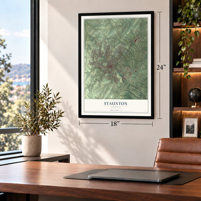 Staunton, Virginia map, 18 x 24 inch print in a black frame in a home office
