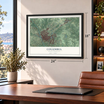 Columbia, South Carolina map, 18 x 24 inch print in a black frame in a home office