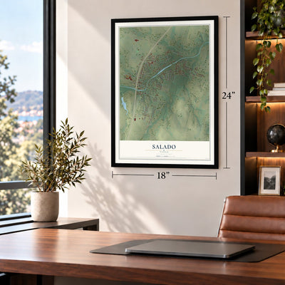 Salado, Texas map, 18 x 24 inch print in a black frame in a home office