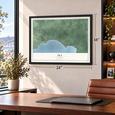 Ira, Michigan map, 18 x 24 inch print in a black frame in a home office