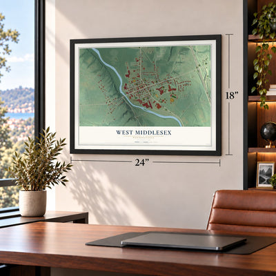 West Middlesex, Pennsylvania map, 18 x 24 inch print in a black frame in a home office