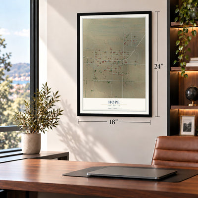 Hope, New Mexico map, 18 x 24 inch print in a black frame in a home office