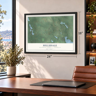 Hillsdale, Hillsdale County, Michigan map, 18 x 24 inch print in a black frame in a home office