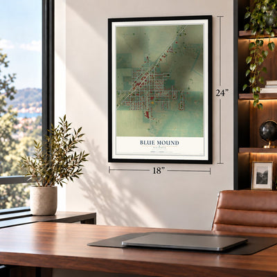 Blue Mound, Illinois map, 18 x 24 inch print in a black frame in a home office