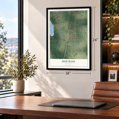 Burtrum, Minnesota map, 18 x 24 inch print in a black frame in a home office