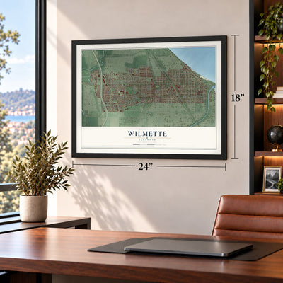 Wilmette, Illinois map, 18 x 24 inch print in a black frame in a home office