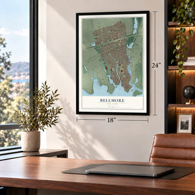 Bellmore, New York map, 18 x 24 inch print in a black frame in a home office