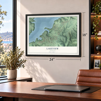 Lakeview, Arkansas map, 18 x 24 inch print in a black frame in a home office