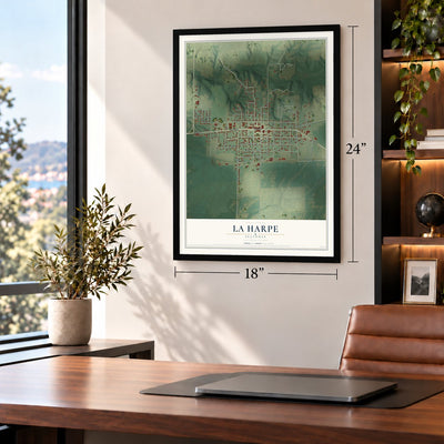 La Harpe, Illinois map, 18 x 24 inch print in a black frame in a home office
