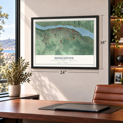 Houghton, Houghton County, Michigan map, 18 x 24 inch print in a black frame in a home office