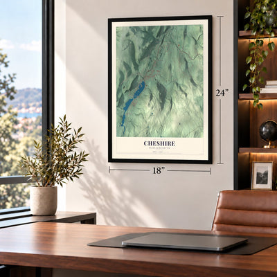 Cheshire, Massachusetts map, 18 x 24 inch print in a black frame in a home office