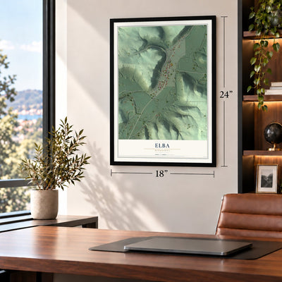 Elba, Minnesota map, 18 x 24 inch print in a black frame in a home office