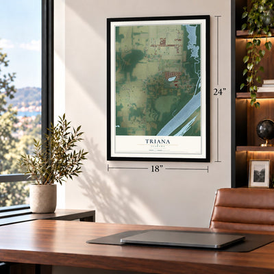 Triana, Alabama map, 18 x 24 inch print in a black frame in a home office