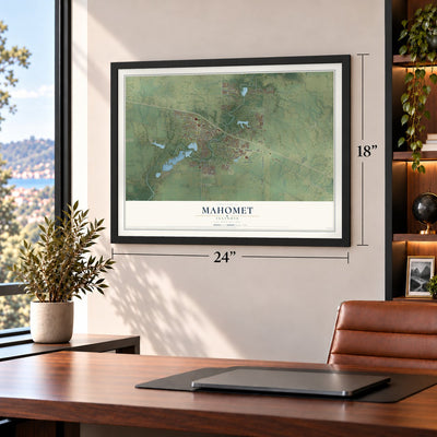 Mahomet, Illinois map, 18 x 24 inch print in a black frame in a home office