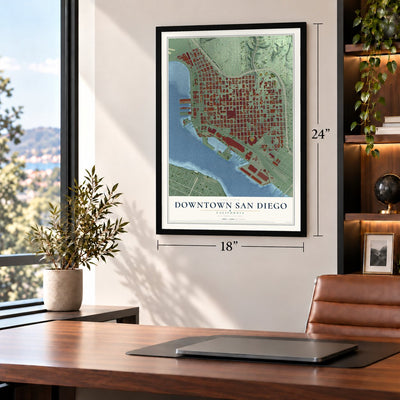 Downtown San Diego, California map, 18 x 24 inch print in a black frame in a home office