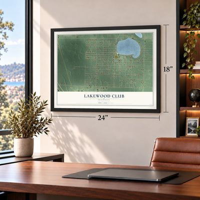 Lakewood Club, Michigan map, 18 x 24 inch print in a black frame in a home office