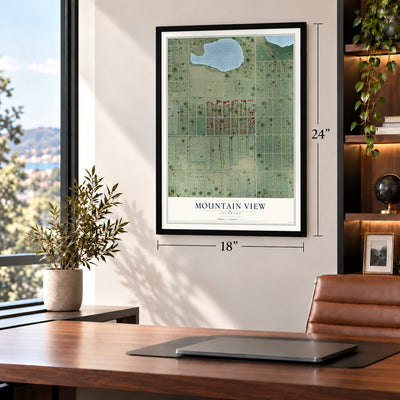 Mountain View, Colorado map, 18 x 24 inch print in a black frame in a home office