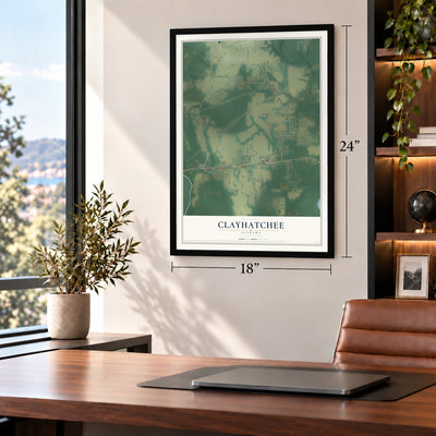 Clayhatchee, Alabama map, 18 x 24 inch print in a black frame in a home office