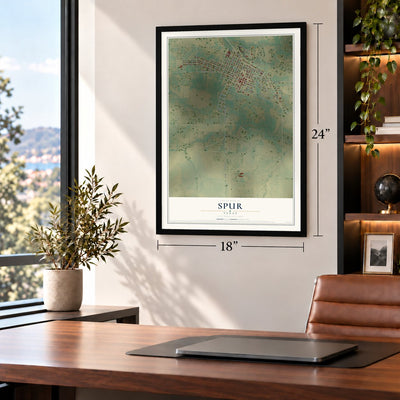 Spur, Texas map, 18 x 24 inch print in a black frame in a home office