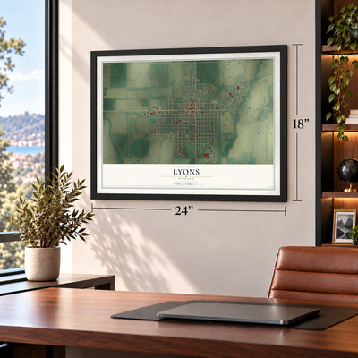 Lyons, Kansas map, 18 x 24 inch print in a black frame in a home office