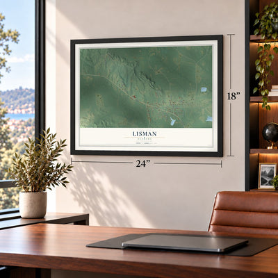 Lisman, Alabama map, 18 x 24 inch print in a black frame in a home office