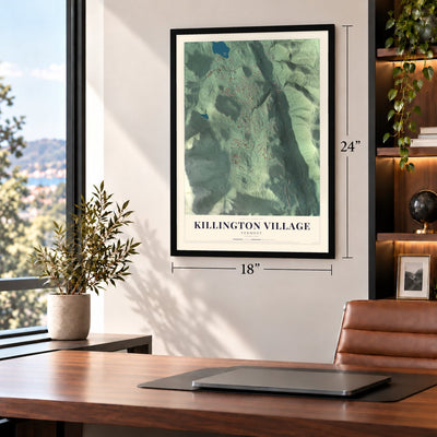 Killington Village, Vermont map, 18 x 24 inch print in a black frame in a home office