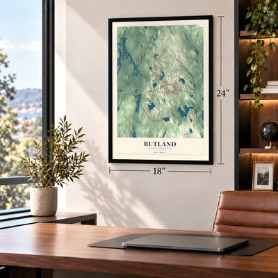 Rutland, Massachusetts map, 18 x 24 inch print in a black frame in a home office