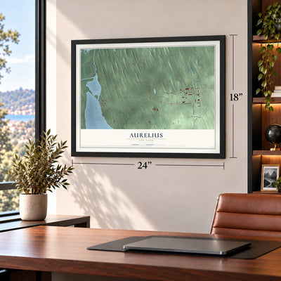 Aurelius, New York map, 18 x 24 inch print in a black frame in a home office