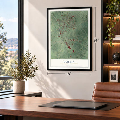 Dublin, Virginia map, 18 x 24 inch print in a black frame in a home office