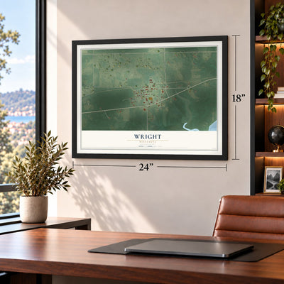Wright, Minnesota map, 18 x 24 inch print in a black frame in a home office