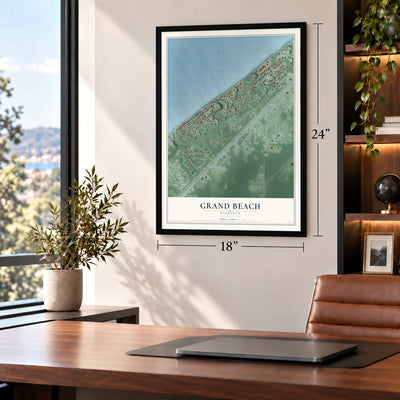 Grand Beach, Michigan map, 18 x 24 inch print in a black frame in a home office