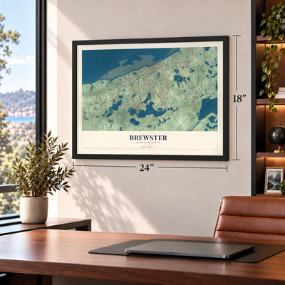 Brewster, Massachusetts map, 18 x 24 inch print in a black frame in a home office