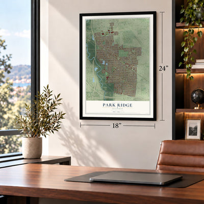Park Ridge, Illinois map, 18 x 24 inch print in a black frame in a home office