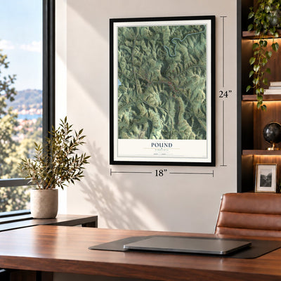 Pound, Virginia map, 18 x 24 inch print in a black frame in a home office