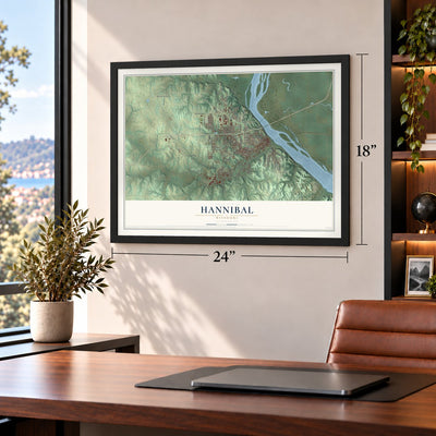 Hannibal, Missouri map, 18 x 24 inch print in a black frame in a home office