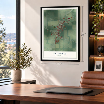 Cromwell, Indiana map, 18 x 24 inch print in a black frame in a home office