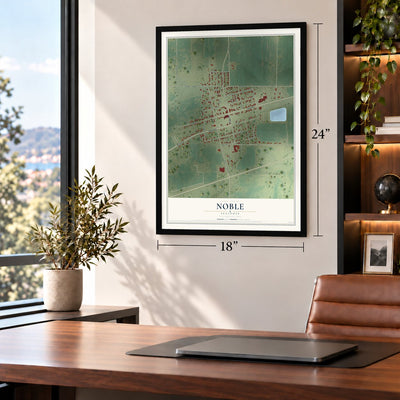 Noble, Illinois map, 18 x 24 inch print in a black frame in a home office