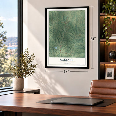 Garland, Tennessee map, 18 x 24 inch print in a black frame in a home office