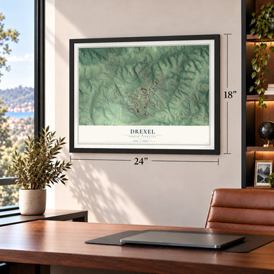 Drexel, North Carolina map, 18 x 24 inch print in a black frame in a home office