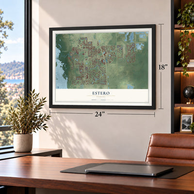 Estero, Florida map, 18 x 24 inch print in a black frame in a home office