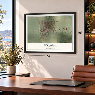 Big Lake, Texas map, 18 x 24 inch print in a black frame in a home office