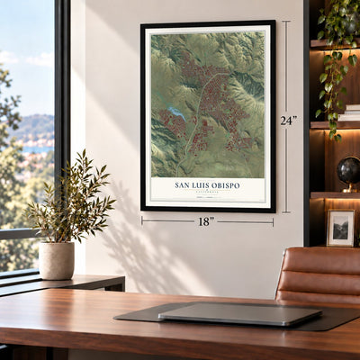 San Luis Obispo, California map, 18 x 24 inch print in a black frame in a home office