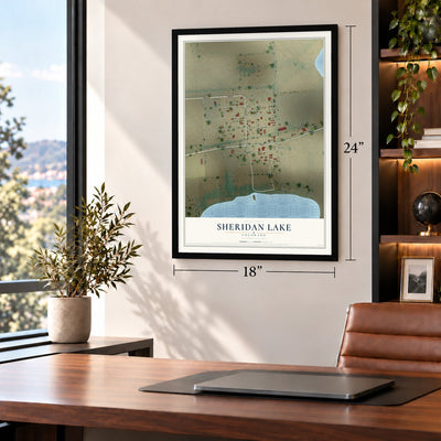 Sheridan Lake, Colorado map, 18 x 24 inch print in a black frame in a home office