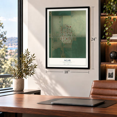 Agar, South Dakota map, 18 x 24 inch print in a black frame in a home office