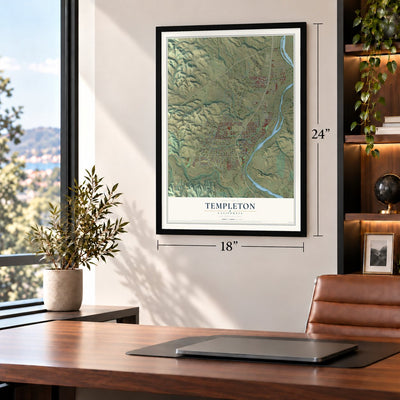 Templeton, California map, 18 x 24 inch print in a black frame in a home office