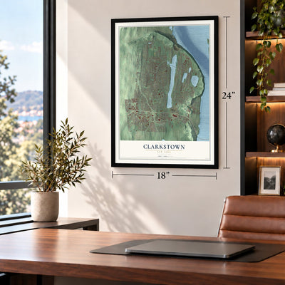 Clarkstown, New York map, 18 x 24 inch print in a black frame in a home office